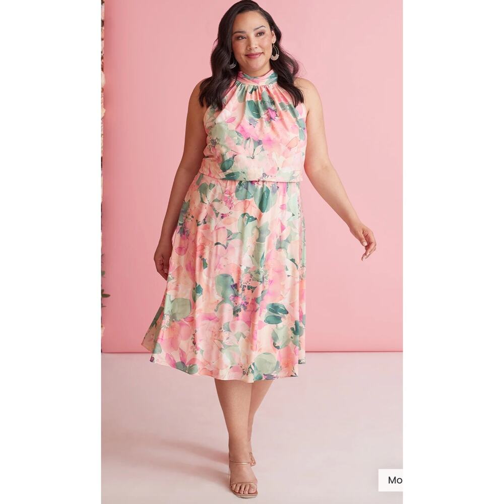 Adrianna Papell Floral Print Chiffon Halter Mock Neck Dress Blush Multi, Plus 16 - Picture 2 of 7
